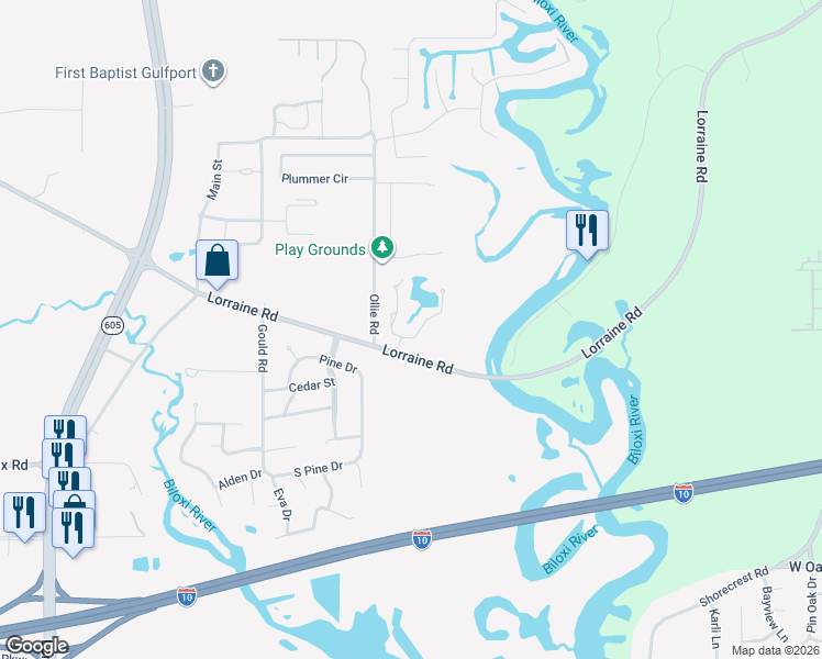 map of restaurants, bars, coffee shops, grocery stores, and more near 11418 Ashton Lane East in Gulfport