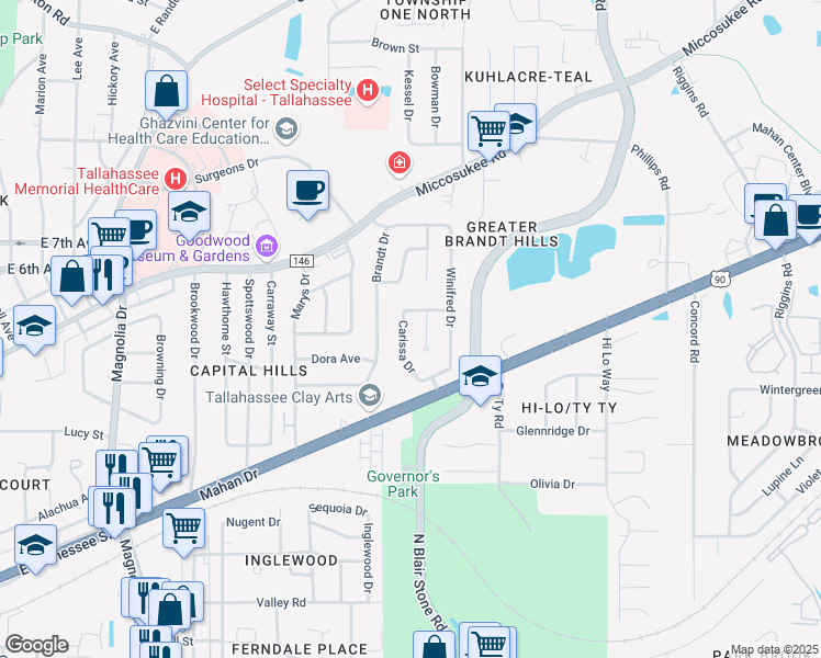 map of restaurants, bars, coffee shops, grocery stores, and more near 1129 Nandina Court in Tallahassee