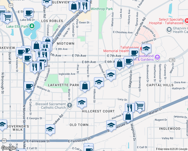 map of restaurants, bars, coffee shops, grocery stores, and more near 825 Ingleside Avenue in Tallahassee