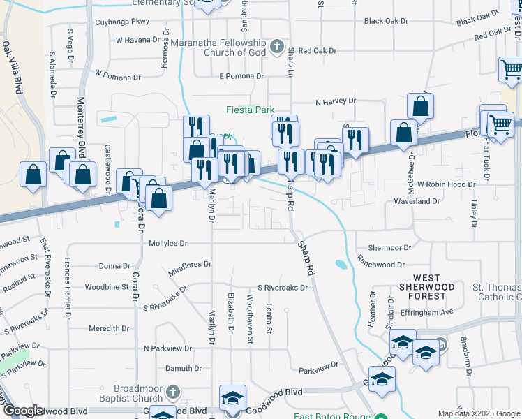 map of restaurants, bars, coffee shops, grocery stores, and more near 10145 Ballina Avenue in Baton Rouge
