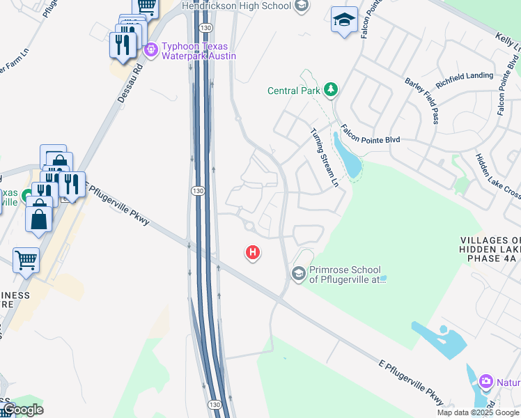 map of restaurants, bars, coffee shops, grocery stores, and more near 2132 Falcon Village Lane in Pflugerville