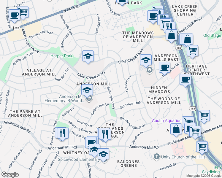 map of restaurants, bars, coffee shops, grocery stores, and more near 12201 Jill Sue Court in Austin