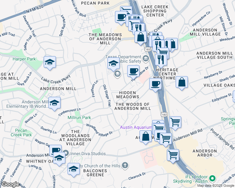 map of restaurants, bars, coffee shops, grocery stores, and more near 12300 Hymeadow Drive in Austin