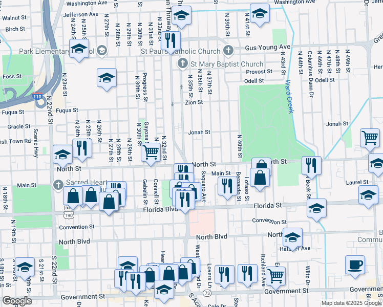 map of restaurants, bars, coffee shops, grocery stores, and more near 672 North Acadian Thruway in Baton Rouge