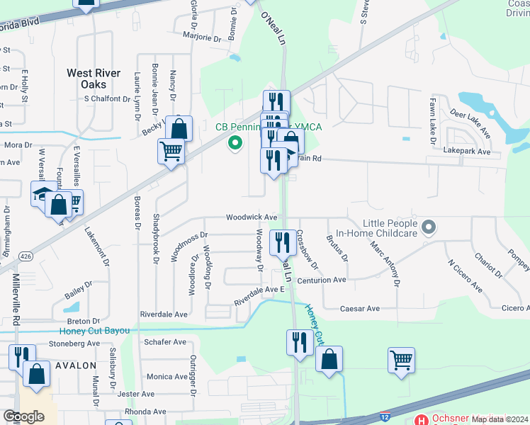 map of restaurants, bars, coffee shops, grocery stores, and more near 16021 Woodwick Avenue in Baton Rouge