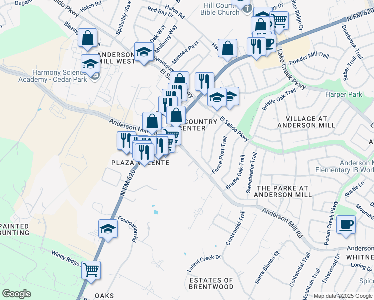 map of restaurants, bars, coffee shops, grocery stores, and more near 11624 Anderson Mill Road in Austin