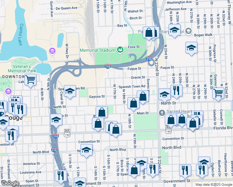 map of restaurants, bars, coffee shops, grocery stores, and more near 700 North 17th Street in Baton Rouge