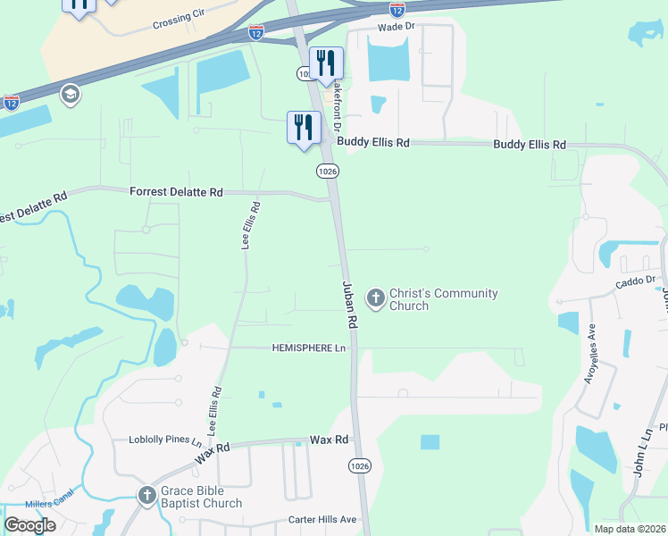 map of restaurants, bars, coffee shops, grocery stores, and more near 26471 Juban Road in Denham Springs