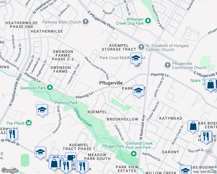 map of restaurants, bars, coffee shops, grocery stores, and more near Pfennig Ln & Black Locust Dr E in Pflugerville
