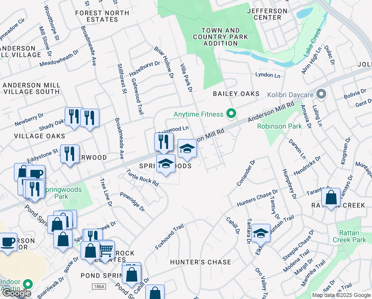 map of restaurants, bars, coffee shops, grocery stores, and more near 8825 Anderson Mill Road in Austin