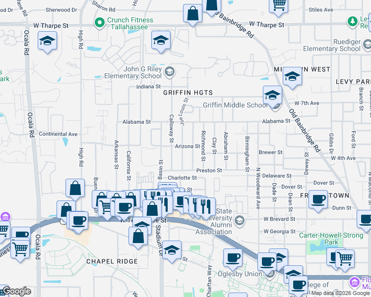 map of restaurants, bars, coffee shops, grocery stores, and more near 1031 Joe Louis Street in Tallahassee