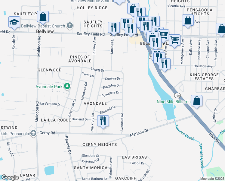 map of restaurants, bars, coffee shops, grocery stores, and more near 4674 Poinciana Drive in Pensacola