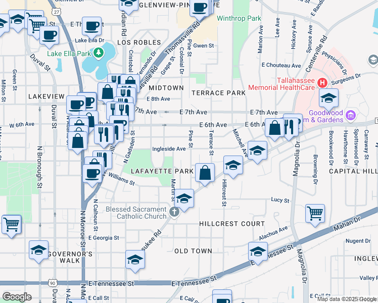 map of restaurants, bars, coffee shops, grocery stores, and more near 649 Ingleside Avenue in Tallahassee