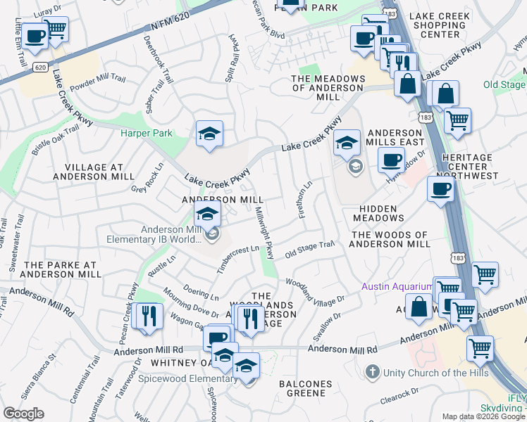 map of restaurants, bars, coffee shops, grocery stores, and more near 12108 Jill Sue Court in Austin