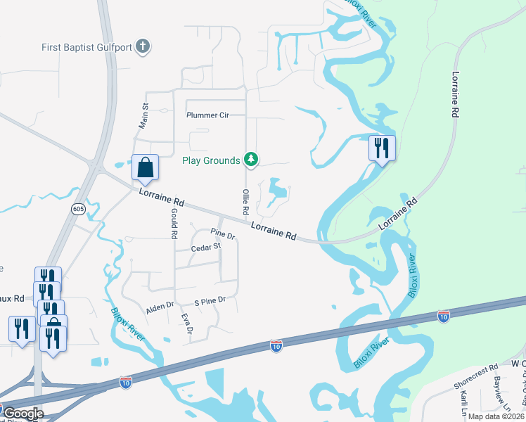 map of restaurants, bars, coffee shops, grocery stores, and more near 11418 Ashton Lane East in Gulfport
