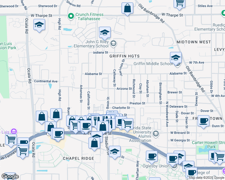 map of restaurants, bars, coffee shops, grocery stores, and more near 1032 Calloway Street in Tallahassee