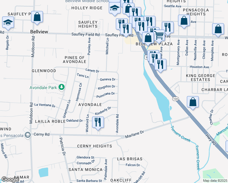 map of restaurants, bars, coffee shops, grocery stores, and more near 4654 Poinciana Drive in Pensacola