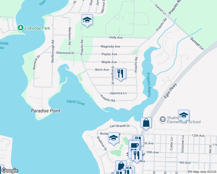 map of restaurants, bars, coffee shops, grocery stores, and more near 14 Hickory Avenue in Shalimar