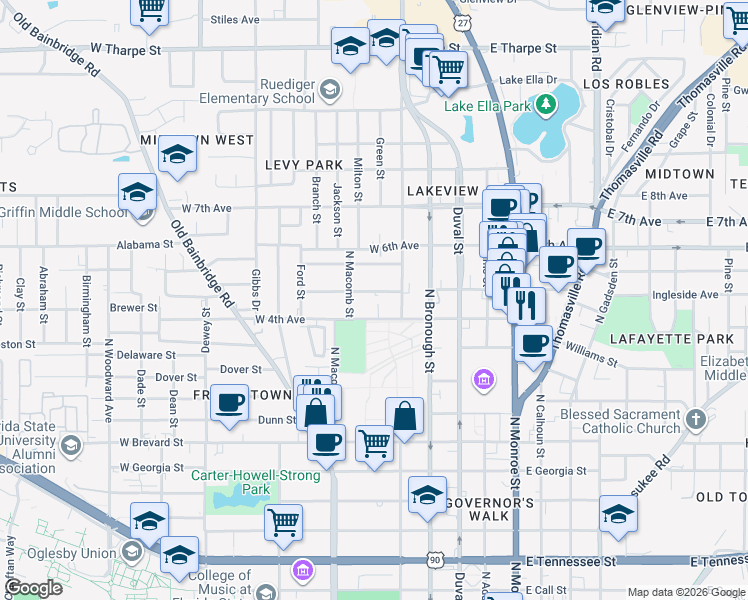 map of restaurants, bars, coffee shops, grocery stores, and more near 411c West 5th Avenue in Tallahassee