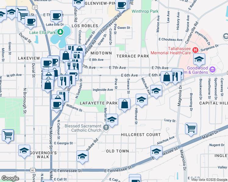 map of restaurants, bars, coffee shops, grocery stores, and more near 647 Ingleside Avenue in Tallahassee