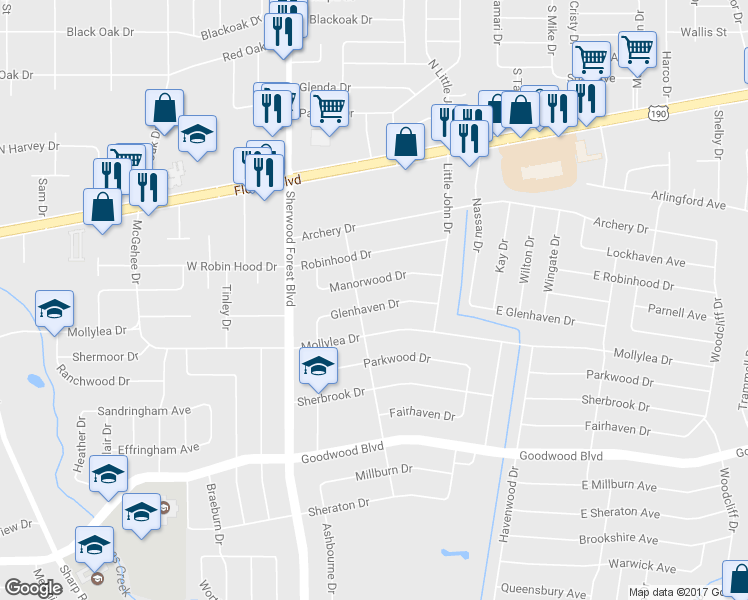 map of restaurants, bars, coffee shops, grocery stores, and more near 11545 Glenhaven Drive in Baton Rouge