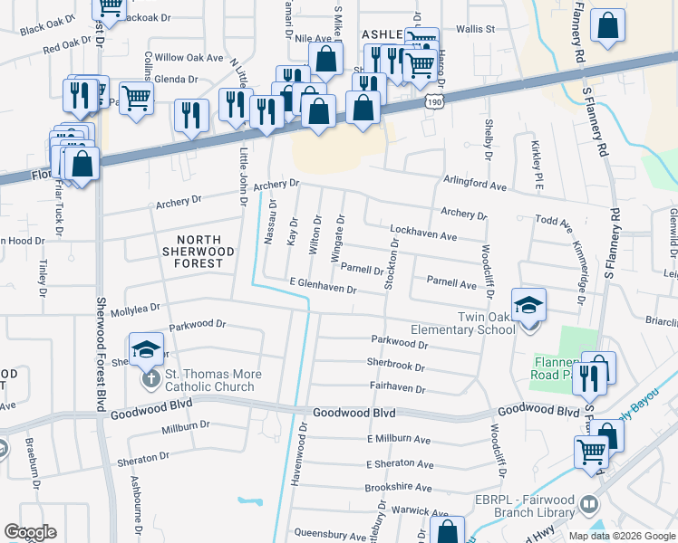 map of restaurants, bars, coffee shops, grocery stores, and more near 12322 Parnell Drive in Baton Rouge