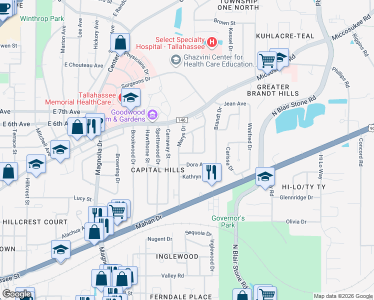 map of restaurants, bars, coffee shops, grocery stores, and more near 1708 Belvedere Street in Tallahassee