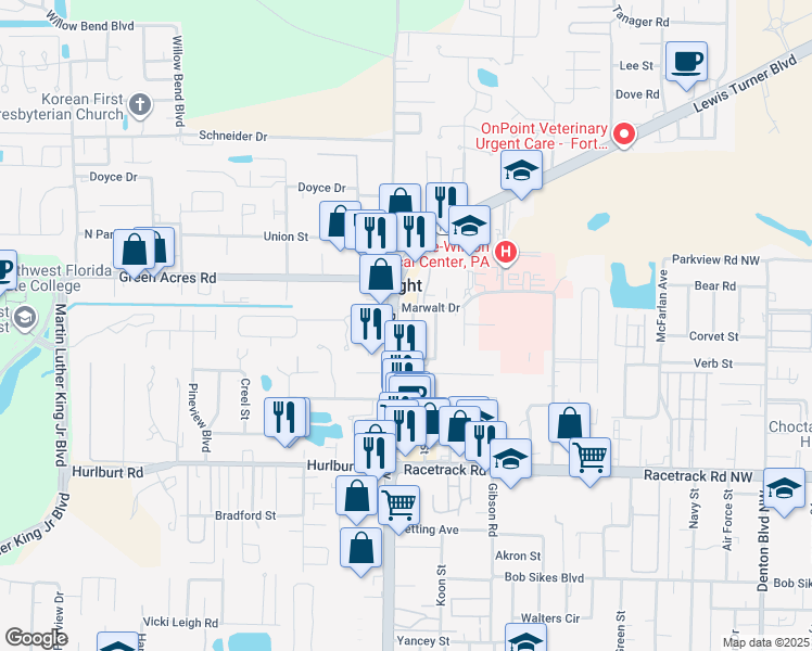 map of restaurants, bars, coffee shops, grocery stores, and more near 1025b Beal Parkway Northwest in Fort Walton Beach