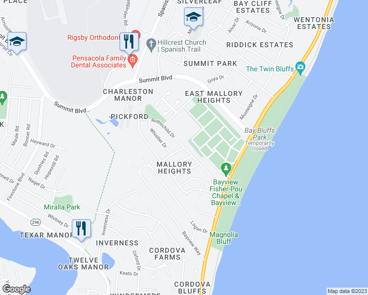 map of restaurants, bars, coffee shops, grocery stores, and more near 3340 Rothschild Drive in Pensacola