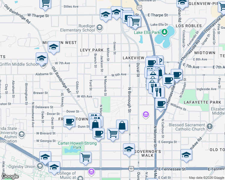 map of restaurants, bars, coffee shops, grocery stores, and more near 411c West 5th Avenue in Tallahassee