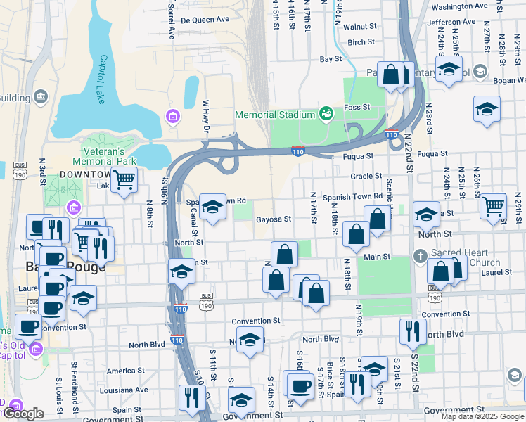 map of restaurants, bars, coffee shops, grocery stores, and more near 1515 Gayosa Street in Baton Rouge