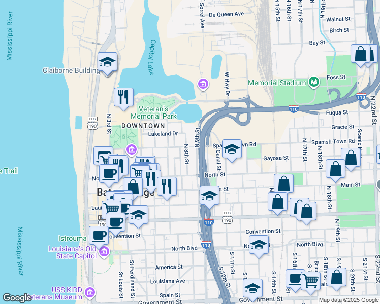 map of restaurants, bars, coffee shops, grocery stores, and more near 735 North 8th Street in Baton Rouge