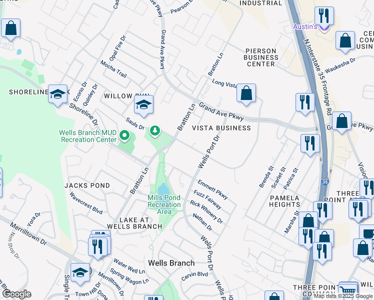 map of restaurants, bars, coffee shops, grocery stores, and more near 15401 Long Vista Drive in Austin