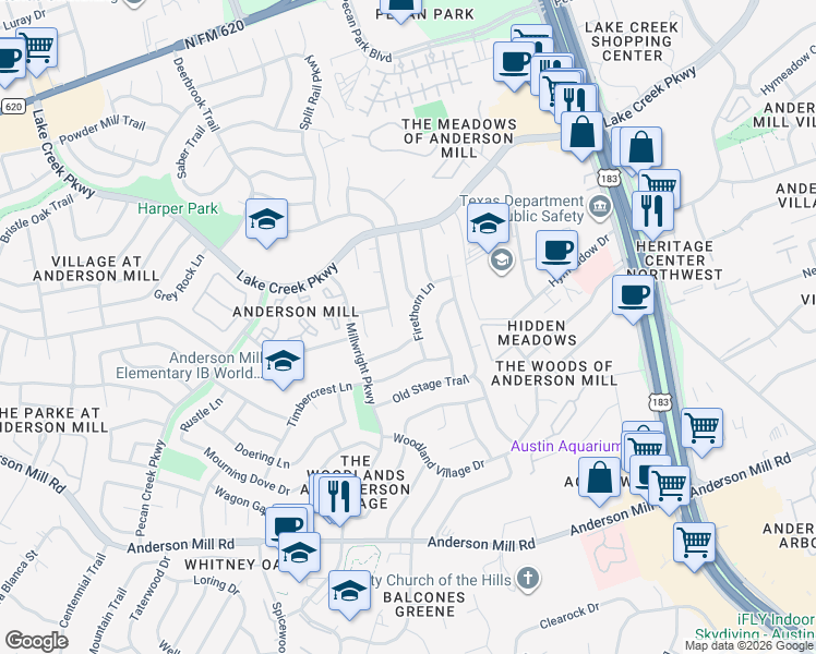 map of restaurants, bars, coffee shops, grocery stores, and more near 10420 Firethorn Lane in Austin