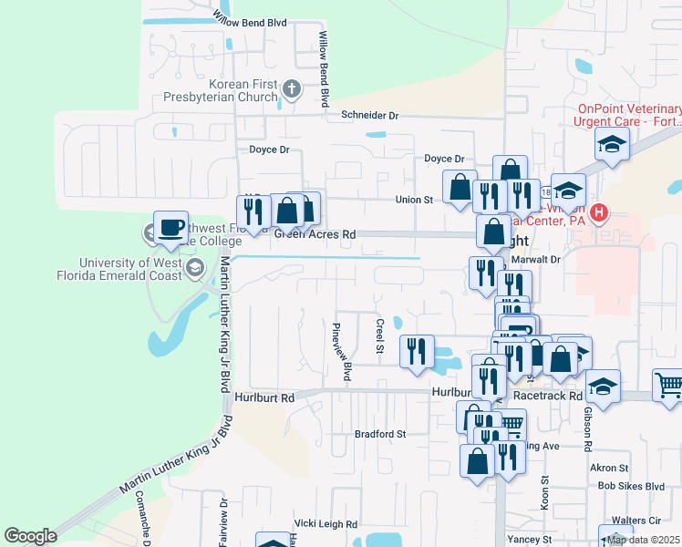 map of restaurants, bars, coffee shops, grocery stores, and more near 1101 Pineview Boulevard in Fort Walton Beach