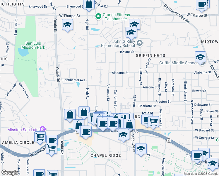 map of restaurants, bars, coffee shops, grocery stores, and more near 939 Arkansas Street in Tallahassee