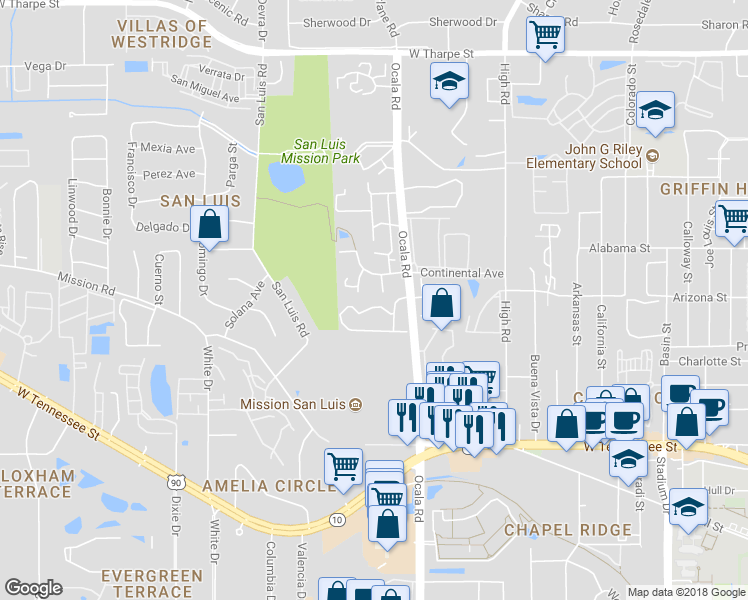 map of restaurants, bars, coffee shops, grocery stores, and more near 1236 Continental Court in Tallahassee