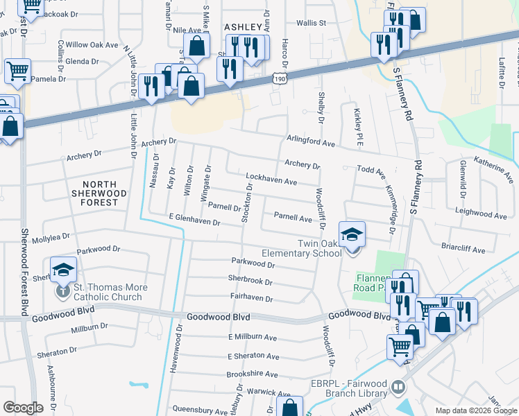 map of restaurants, bars, coffee shops, grocery stores, and more near 433 Stockton Drive in Baton Rouge