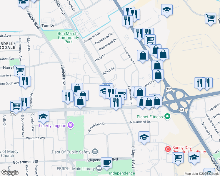 map of restaurants, bars, coffee shops, grocery stores, and more near 520 Wooddale Boulevard in Baton Rouge