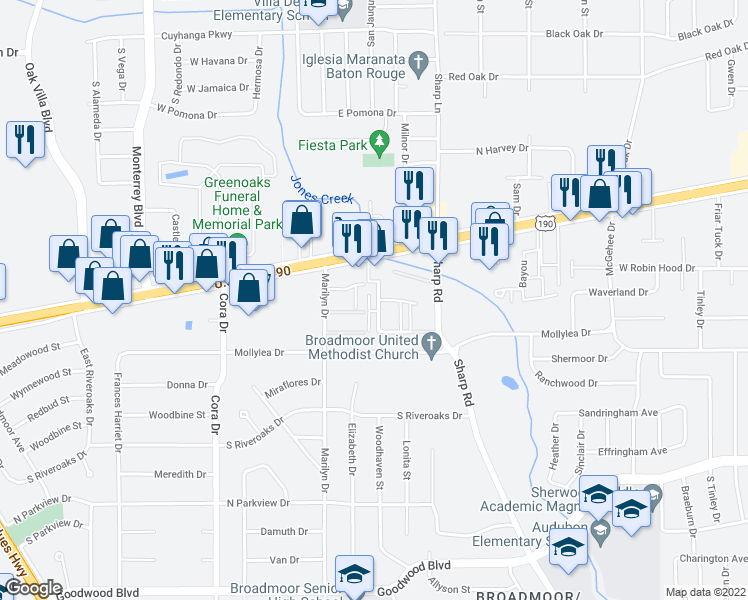 map of restaurants, bars, coffee shops, grocery stores, and more near 234 Bracewell Drive in Baton Rouge