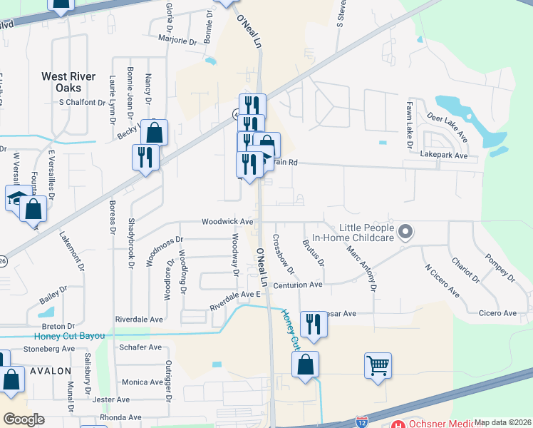 map of restaurants, bars, coffee shops, grocery stores, and more near 16211 Coliseum Avenue in Baton Rouge