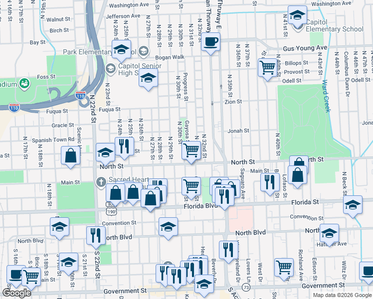 map of restaurants, bars, coffee shops, grocery stores, and more near 668 North 30th Street in Baton Rouge