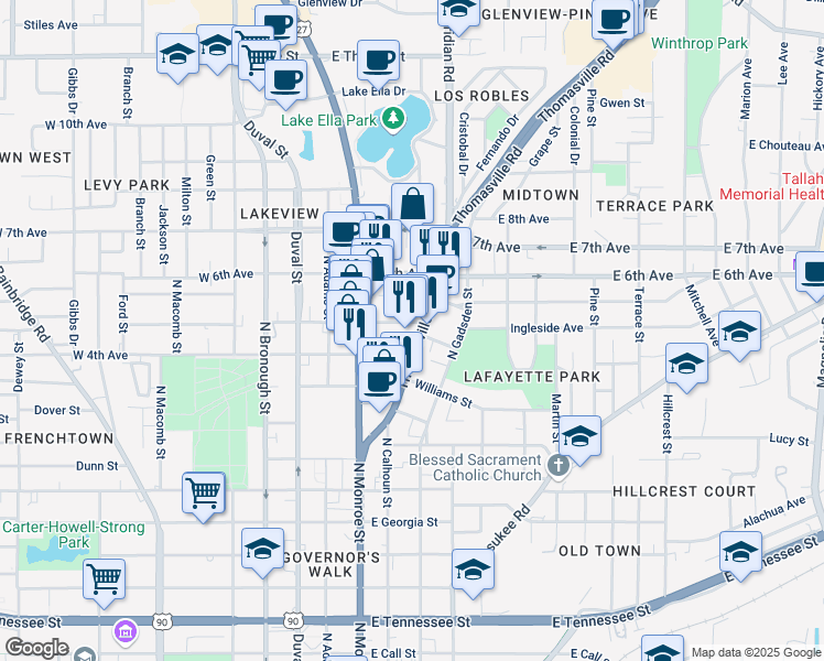 map of restaurants, bars, coffee shops, grocery stores, and more near 231 East 5th Avenue in Tallahassee