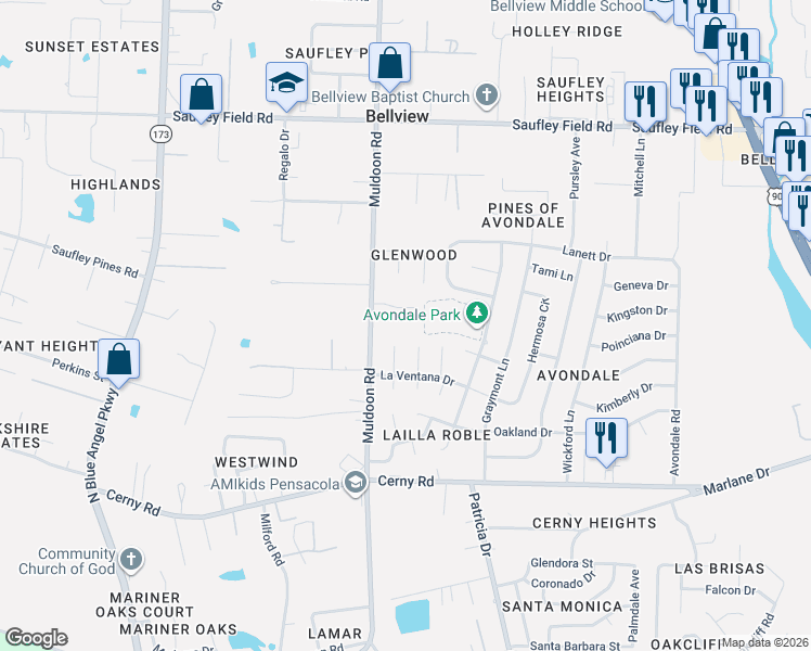 map of restaurants, bars, coffee shops, grocery stores, and more near 5760 Muldoon Road in Pensacola