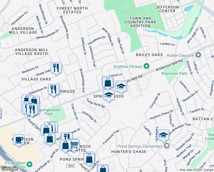 map of restaurants, bars, coffee shops, grocery stores, and more near 8931 Black Oak Street in Austin
