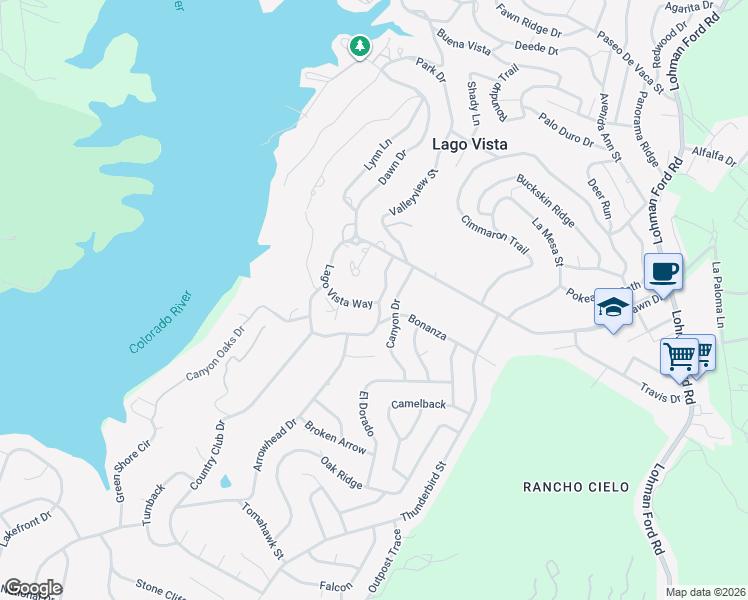map of restaurants, bars, coffee shops, grocery stores, and more near 5800 Clubhouse Drive in Lago Vista