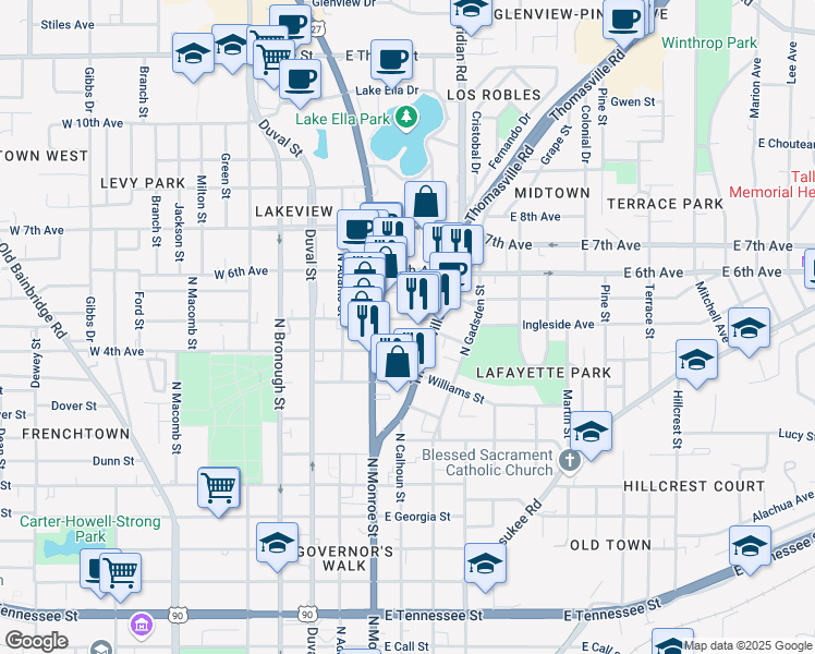 map of restaurants, bars, coffee shops, grocery stores, and more near 231 East 5th Avenue in Tallahassee