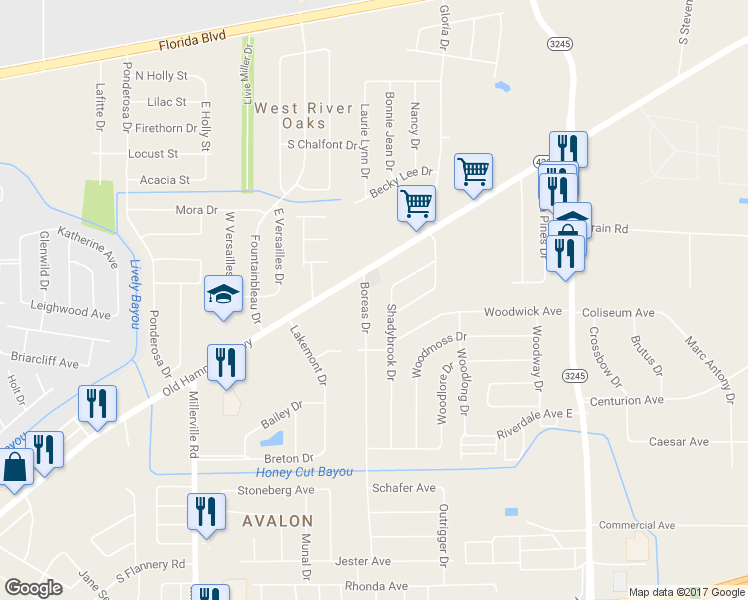 map of restaurants, bars, coffee shops, grocery stores, and more near 1041 Boreas Drive in Baton Rouge