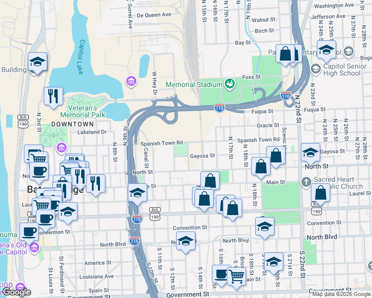 map of restaurants, bars, coffee shops, grocery stores, and more near 705 North 14th Street in Baton Rouge