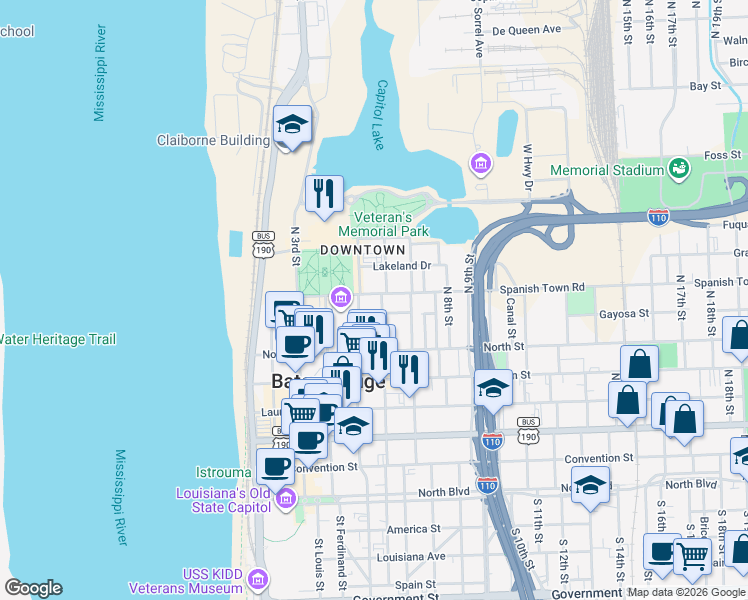 map of restaurants, bars, coffee shops, grocery stores, and more near 536 Spanish Town Road in Baton Rouge